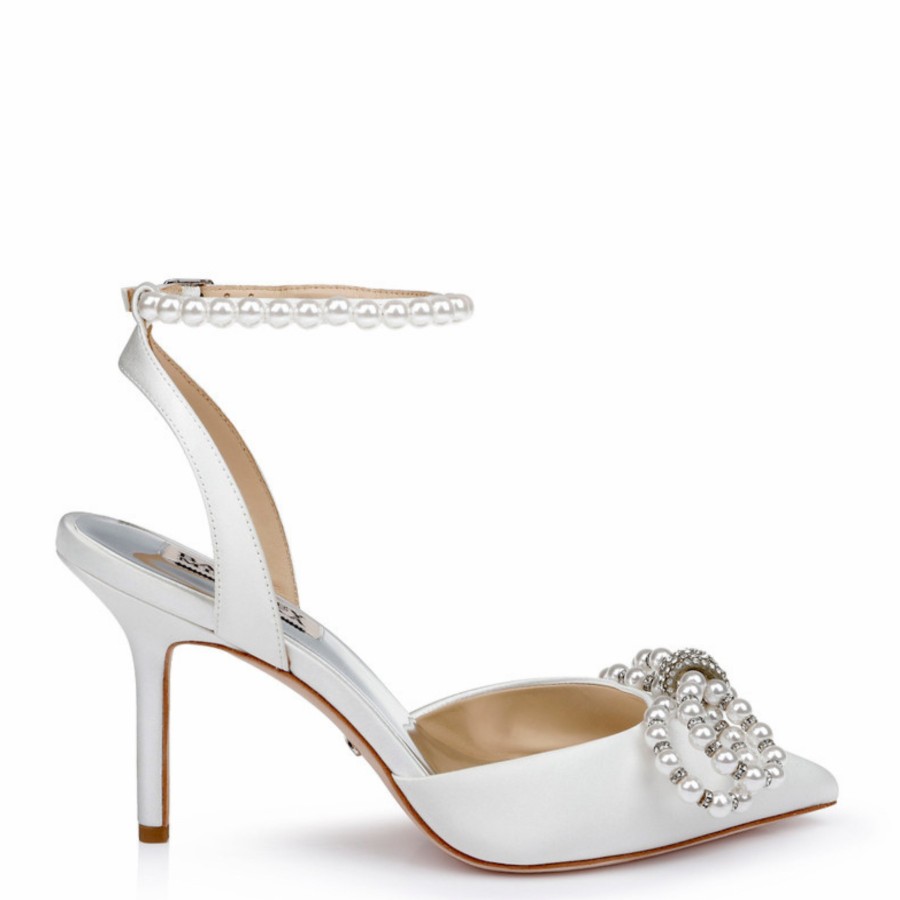 Badgley Mischka Faint - Pointed Toe Stiletto With Pearl & Crystal Bow- Soft White High Heel