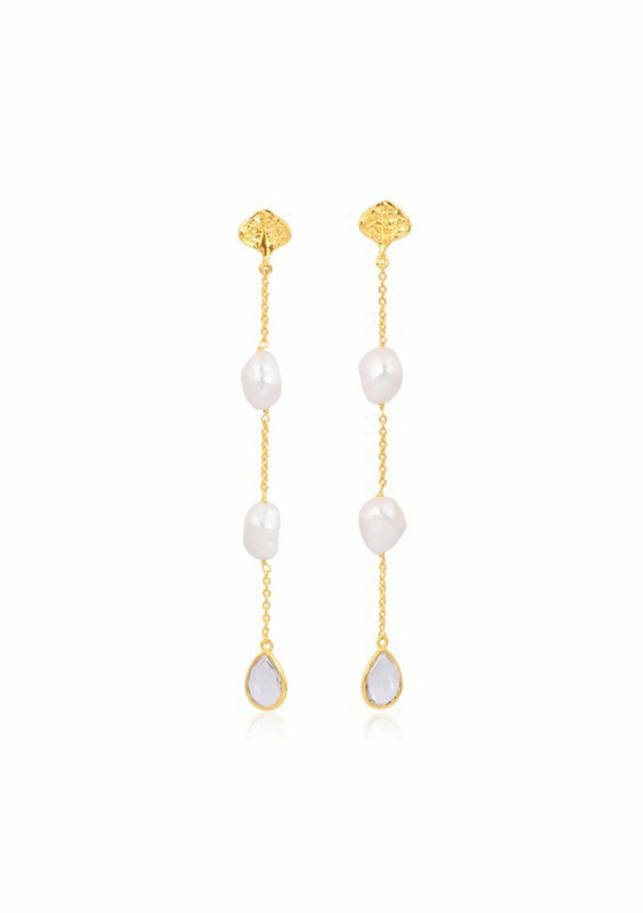 Lola Knight Lola Knight - Lea - Long Drop Pearl & Crystal Earrings - 18K Gold Gold